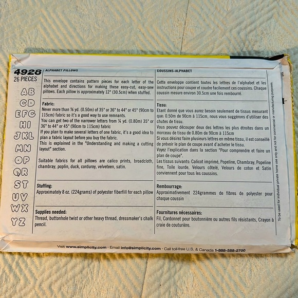 Simplicity 4928 Pattern Alphabet Pillows Sewing Patterns for Dummies Uncut 2003 - Picture 5 of 9